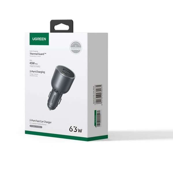Biloplader - UGREEN - 1 USB-C + 1 USB-A - 63W - Grå