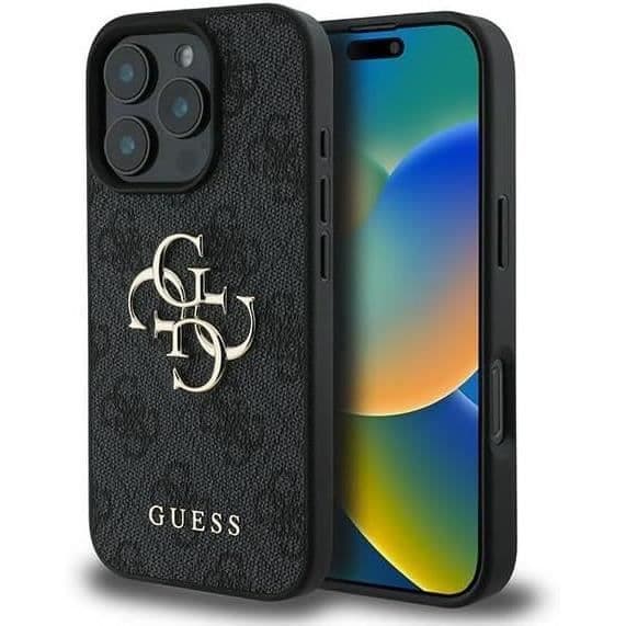 Coque Souple - GUESS - iPhone 16 Pro - Økologisk Læder - Sort - 4G Oversized Logo