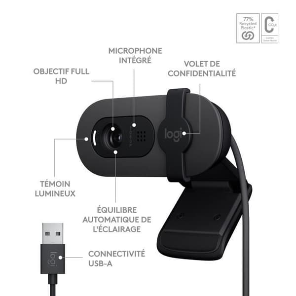 Webcam - Full HD 1080p - Logitech - Brio 100 - Integreret mikrofon - Grafit