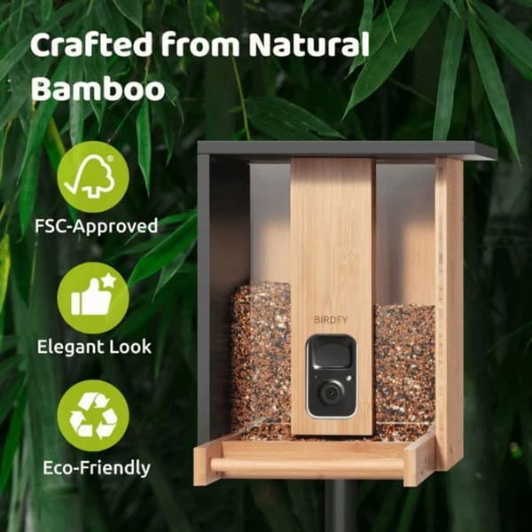 Fuglefoderstation - Birdfy Bamboo - HD WiFi Kamera - Solenergi - AI Artsgenkendelse