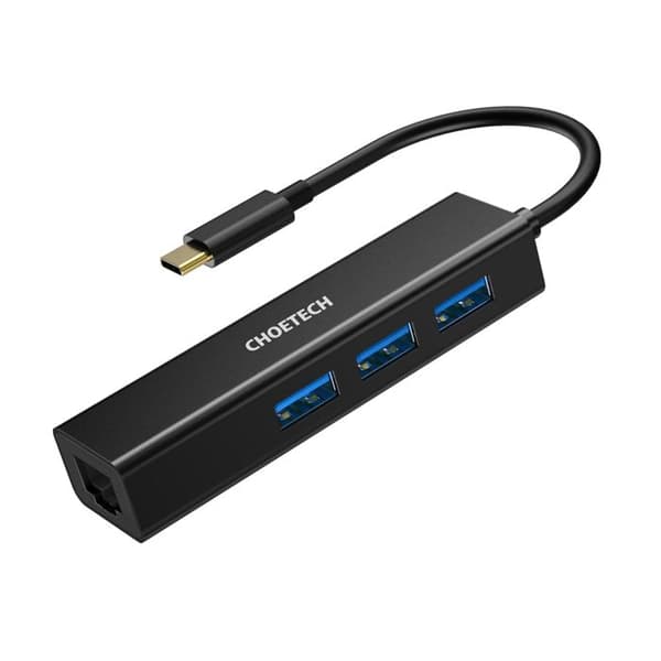 USB-C hub med 3 USB-porte og en adapter til Ethernet