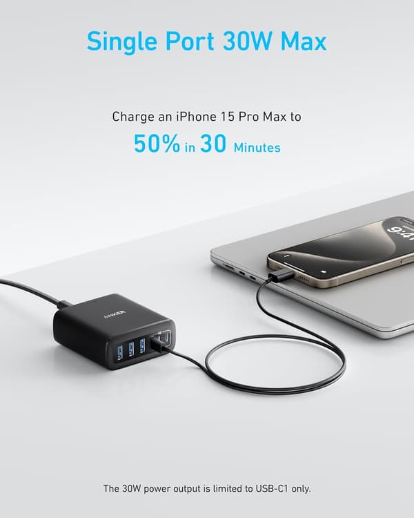 Anker USB-C og USB-A-lader, 112W Max 6-port ladestasjon