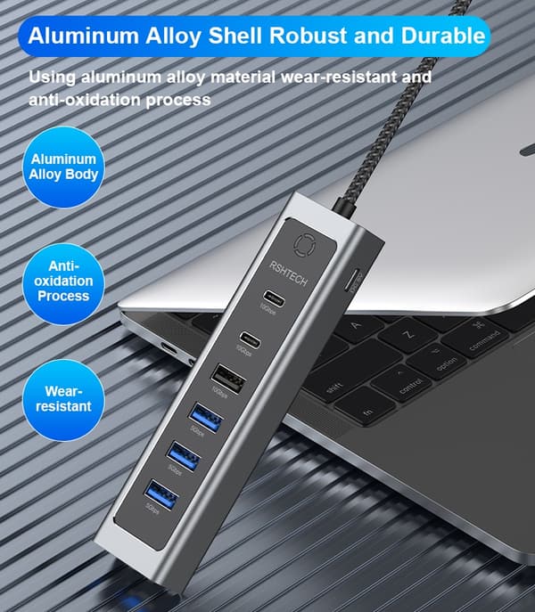 NÖRDIC USB-C Hub 2xUSB-C 10G, 1xUSB-A 10G, 4xUSB-A 5G, 60cm kabel