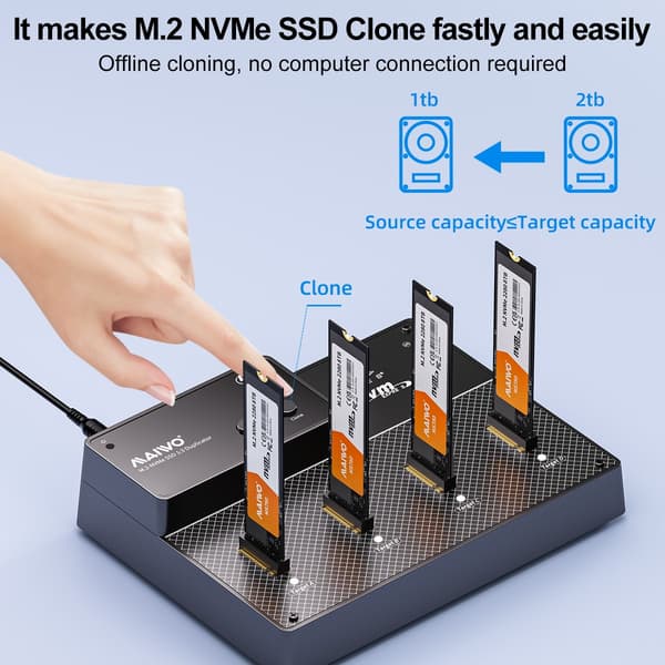 Maiwo K3015P4 4-plats M.2 NVMe SSD USB4.0 Dock, Klonare/Duplicator, Stöder 1-till-3 Offline-kloning & Programvaru-RAID, 40Gbps kompatibel med Thunderb