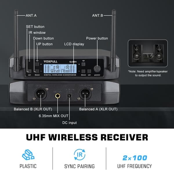NÖRDIC Dual Wireless Microphone System 2 Handheld Dynamic Microphones, Adjustable UHF Channels, 50M Range,Wireless Microphones for Karaoke(GLXD4)