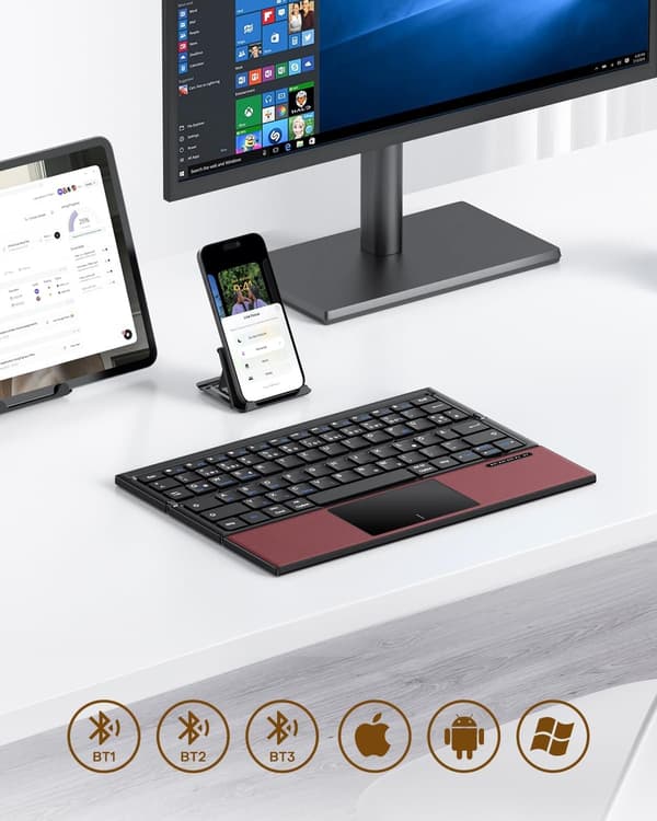 NÖRDIC Foldbart Bluetooth-tastatur US Layout med Touchpad, til iOS Android Windows Laptop PC Tablet Smartphone, Bourgogne