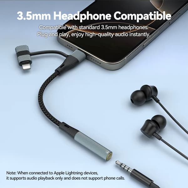 NÖRDIC USB-C/Lightning til Stereo 3.5mm adapter 15cm