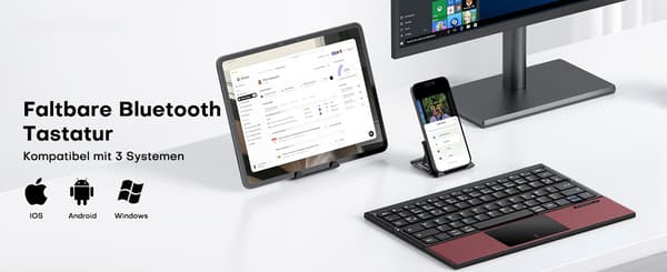 NÖRDIC Foldbart Bluetooth-tastatur US Layout med Touchpad, til iOS Android Windows Laptop PC Tablet Smartphone, Bourgogne