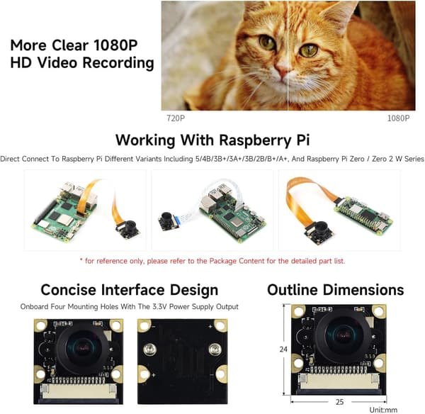 Waveshare Raspberry Pi Camera Module Kit 1080p Fisheye Lens med vidvinkelobjektiv för bredare synfält för alla versioner av Raspberry Pi