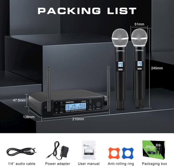 NÖRDIC Dual Wireless Microphone System 2 Handheld Dynamic Microphones, Adjustable UHF Channels, 50M Range,Wireless Microphones for Karaoke(GLXD4)
