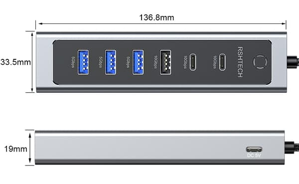 NÖRDIC USB-C Hub 2xUSB-C 10G, 1xUSB-A 10G, 4xUSB-A 5G, 60cm kabel