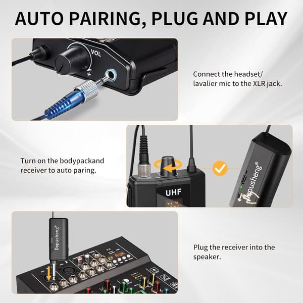 NÖRDIC UHF Wireless Microphone Headset System -Wireless Headset Mic System, with Lavalier Lapel Mics, 60m Range, 1/8'' and 1/4'' Plug