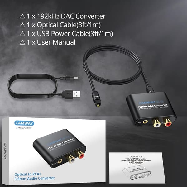 Digital til Analog Lydkonverter, 192kHz Optisk til RCA, Optisk til 3.5mm DAC, SPDIF/Toslink