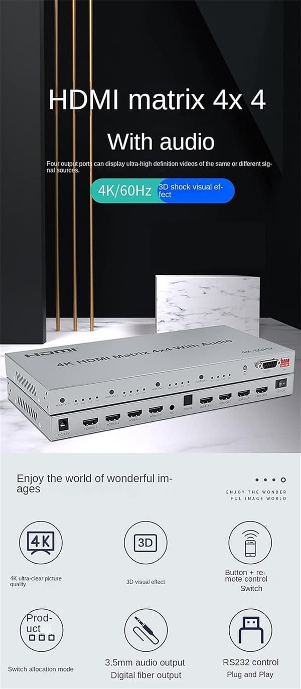 NÖRDIC HDMI Matrix 4x4 switch 4K 60Hz med lydoverføring