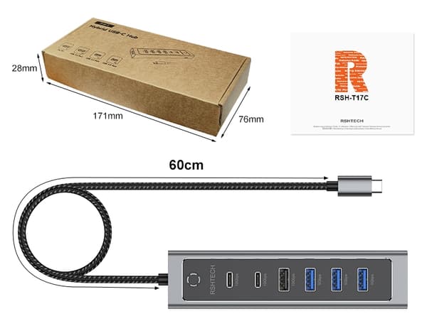 NÖRDIC USB-C-keskitin 2xUSB-C 10G, 1xUSB-A 10G, 4xUSB-A 5G, 60cm kaapeli