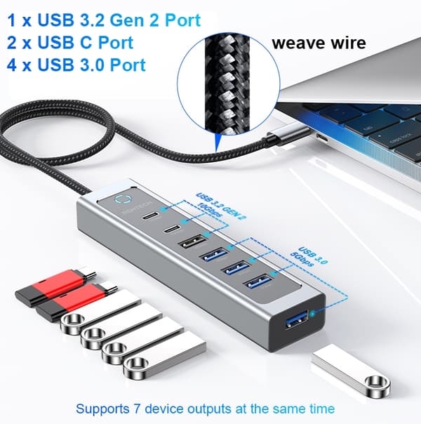 NÖRDIC USB-C Hub 2xUSB-C 10G, 1xUSB-A 10G, 4xUSB-A 5G, 60cm kabel
