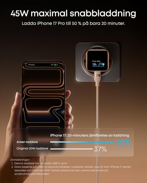 Anker Nano 45W Smart Display USB-C-laddare 45W, vit