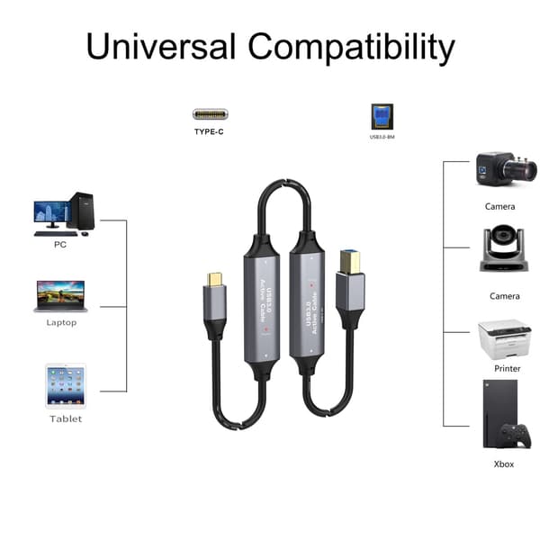 NÖRDIC USB 3.0-kabel USB C til USB B 5 Gbps 5 m USB-skriverkabel