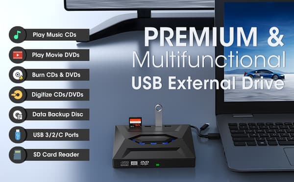 NÖRDIC Bærbar CD-brænder og -afspiller og USB-hub med SD-kortlæser 2xUSB-A 1xUSB-C