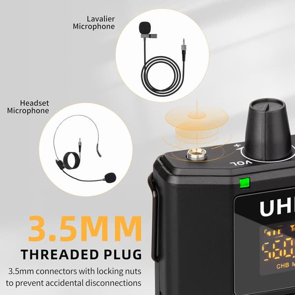 NÖRDIC UHF Wireless Microphone Headset System -Wireless Headset Mic System, with Lavalier Lapel Mics, 60m Range, 1/8'' and 1/4'' Plug
