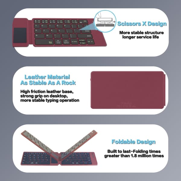 NÖRDIC Bluetooth-tastatur med touchpad, ultratyndt bærbart til Windows/Mac/iOS/Android, kompakt foldbart design til tablet, telefon, pc Rød US Layout