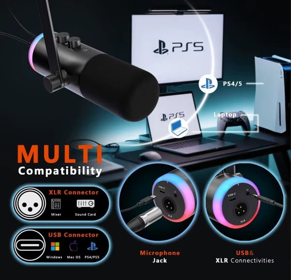 Profesjonell RGB Dynamisk Mikrofon USB-C og XLR