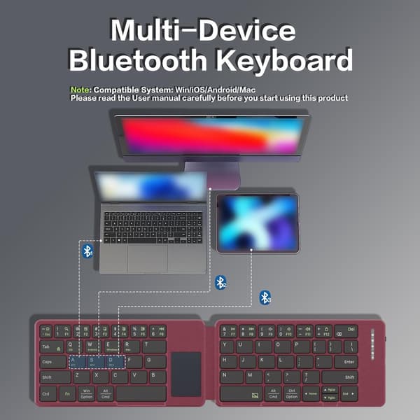 NÖRDIC Bluetooth-tastatur med touchpad, ultratyndt bærbart til Windows/Mac/iOS/Android, kompakt foldbart design til tablet, telefon, pc Rød US Layout