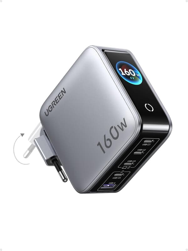 UGREEN Nexode Pro 160W USB C-lader 5-porter, 4xUSB-C + 1xUSB-A, Smart skjerm berøringskontroll