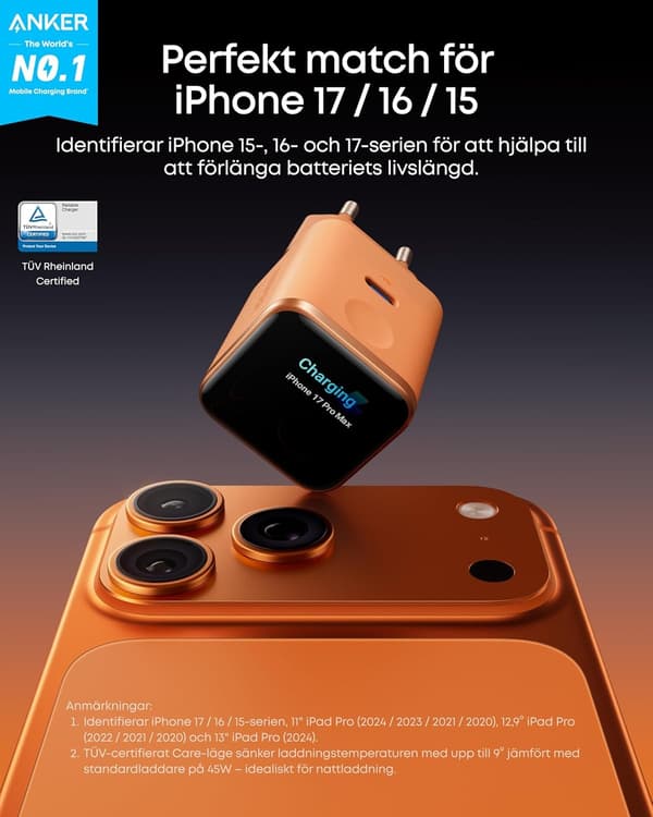 Anker Nano 45W Smart Display Oplader 45W - Orange