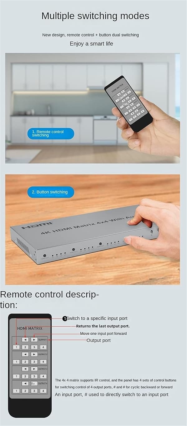 NÖRDIC HDMI Matrix 4x4 switch 4K 60Hz med lydoverføring
