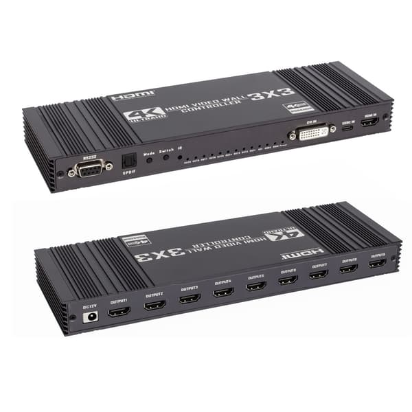 NÖRDIC Video Wall Controller 3x3, TV-vægprocessor, 4K@30Hz HDMI Multi-Screen Splicing Processor med HDMI+DVI+USB C-indgang