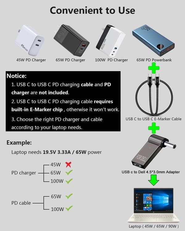 NÖRDIC USB-C til Laptop-opladeradapter, USB-C til DC-stik, 100W PD, DC 4,5×3,0mm til DELL