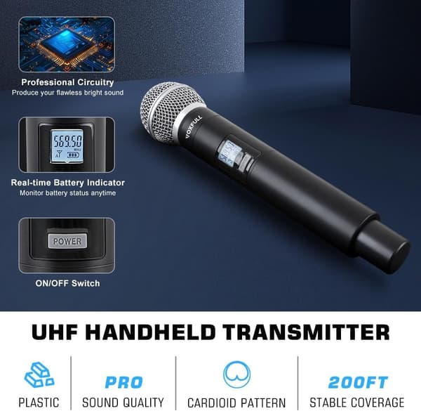 NÖRDIC Dual Wireless Microphone System 2 Handheld Dynamic Microphones, Adjustable UHF Channels, 50M Range,Wireless Microphones for Karaoke(GLXD4)