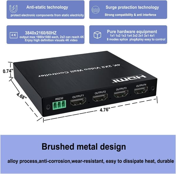 NÖRDIC 4K 2x2 Videovegg-kontroller HDMI+DVI Input