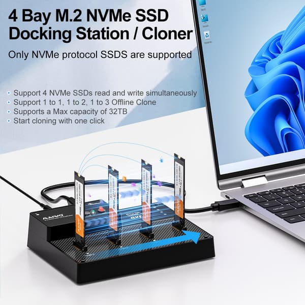 Maiwo K3015P4 4-plats M.2 NVMe SSD USB4.0 Dock, Klonare/Duplicator, Stöder 1-till-3 Offline-kloning & Programvaru-RAID, 40Gbps kompatibel med Thunderb