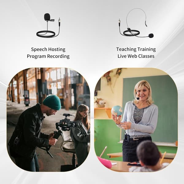 NÖRDIC UHF Wireless Microphone Headset System -Wireless Headset Mic System, with Lavalier Lapel Mics, 60m Range, 1/8'' and 1/4'' Plug