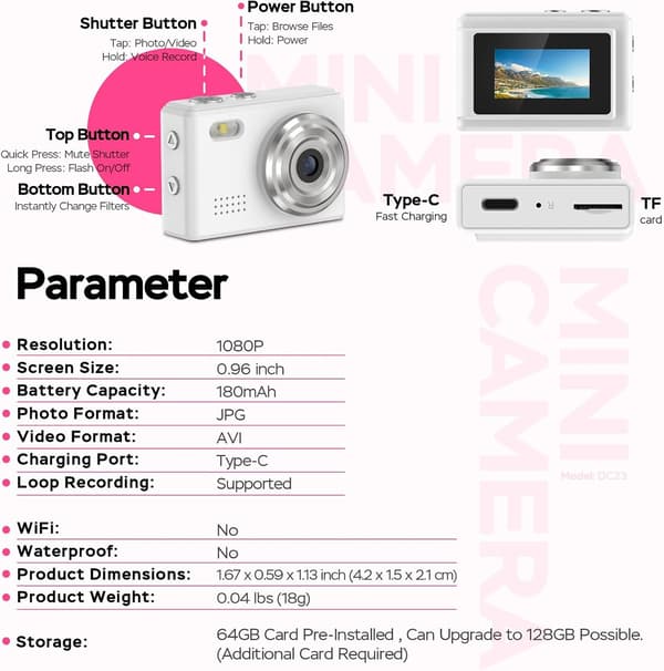 NÖRDIC Mini Digital Camera Keychain Tiny Pixel Hd 1080p Retro 0,96\" skærm
