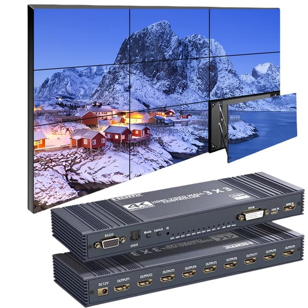 NÖRDIC Video Wall Controller 3x3, TV-väggprocessor, 4K@30Hz HDMI multi-skärm skarvningsprocessor med HDMI + DVI + USB-C ingång