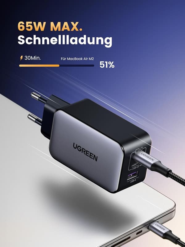 UGREEN Nexode 65W USB-C laddare med 3 portar, 2xUSB-C + 1xUSB-A, PD, PPS och GaN II