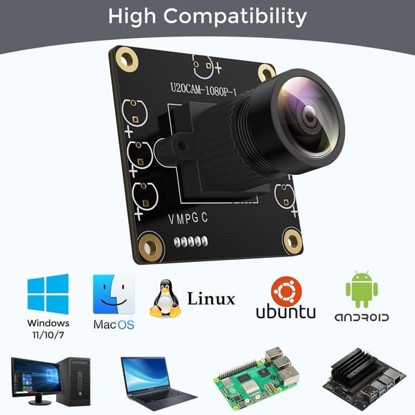 Camera Modul 1080P USB2.0 UVC 130° Wide Angle, Plug & Play for PC, Raspberry Pi, Jetson Nano and SBCs. Supports Windows, Linux, Android and Mac OS.