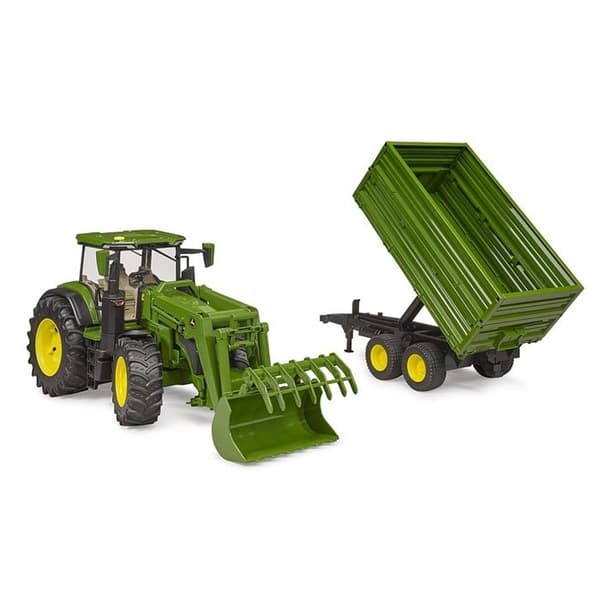 John Deere 7R med frontlastare och släpvagn med dubbelkoppling