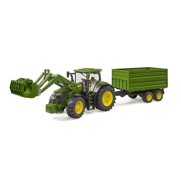John Deere 7R med frontlastare och släpvagn med dubbelkoppling