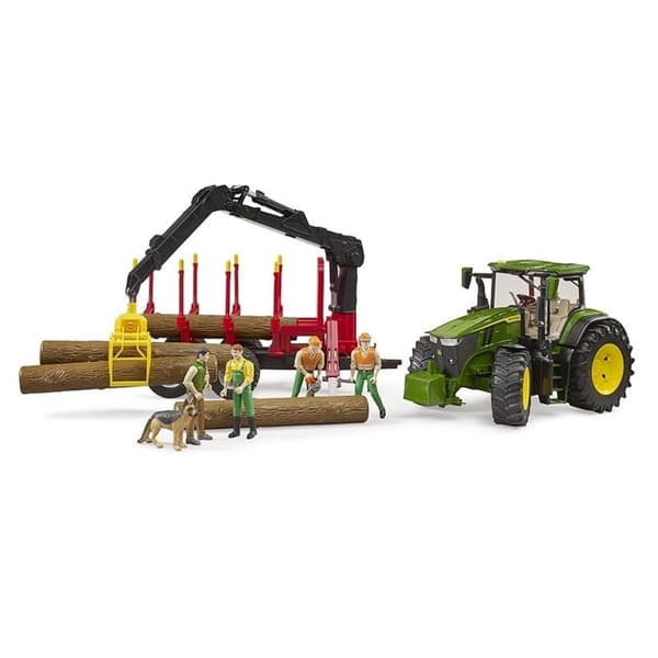John Deere 7R med skogsvagn och 4 trästammar