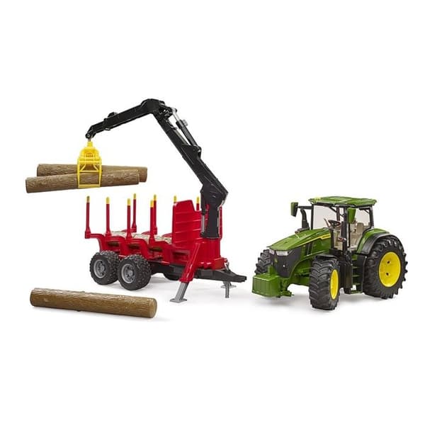 John Deere 7R med skogsvagn och 4 trästammar