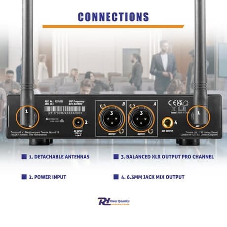Power Dynamics PD220B 2x 80-kanals UHF trådlös mikrofon True Diversity System BP