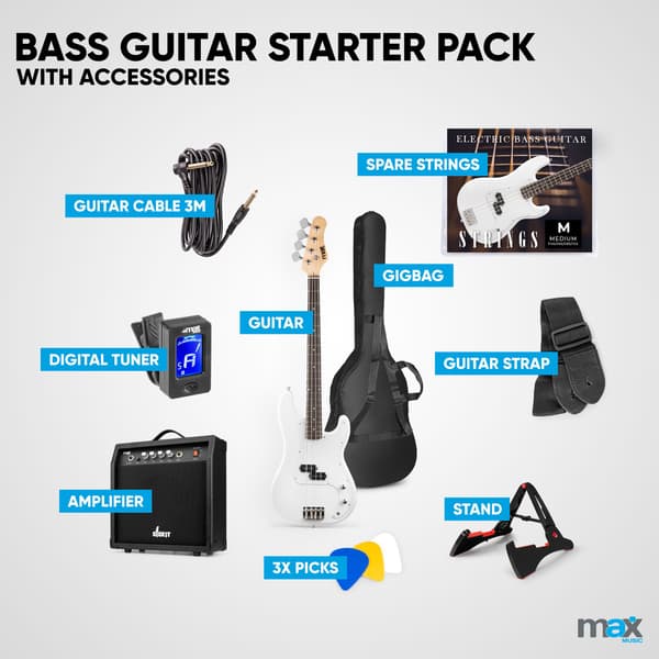 Max Gigkit Basgitarr med 40 Watts förstärkare - Gitarrstativ - Gitarrväska - Vit