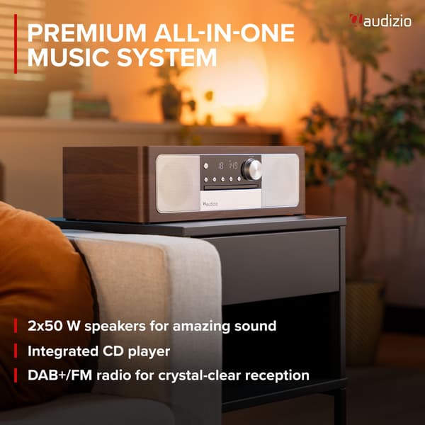 Audizio Lunata Premium All-in-One Music System – Mörk trä / Silver