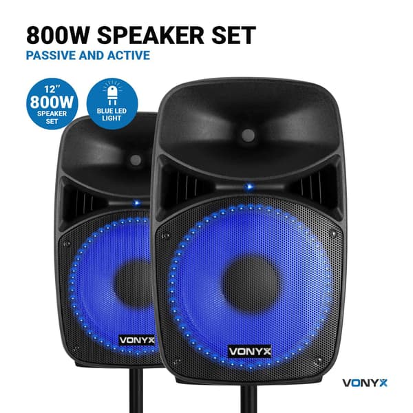 Vonyx VPS122A Aktivt högtalarset, 12", LED, stativ