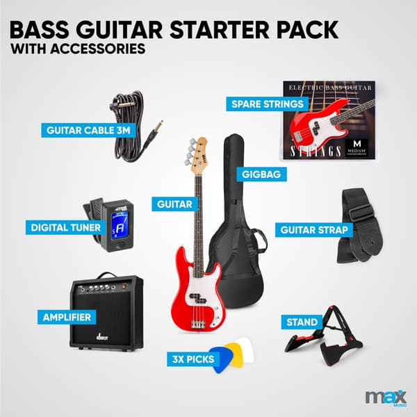 Max Gigkit Basgitarr med 40 Watts förstärkare - Gitarrstativ - Gitarrväska - Röd