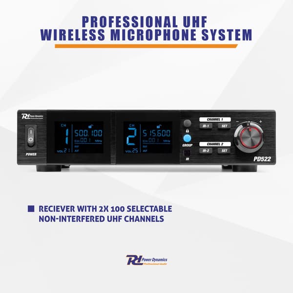 Power Dynamics PD522B UHF trådlös mikrofonset med 2 bodypack-mikrofoner